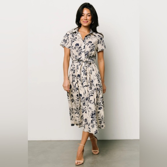 NWT Baltic Born Lorna Midi Dress | Beige + Navy Print - Picture 2 of 8